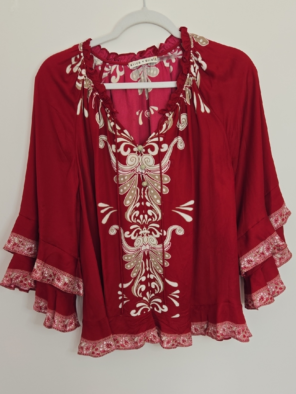 Alice + Olivia Red Oversized Boho Chic Flowy Feminine Blouse Designer Holiday S